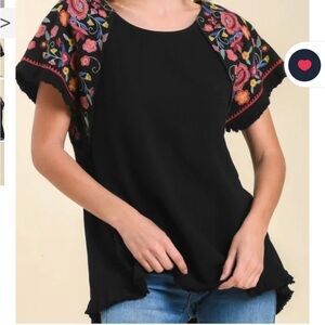 Umgee Black Top with Colorful Floral Embroidered Sleeves
